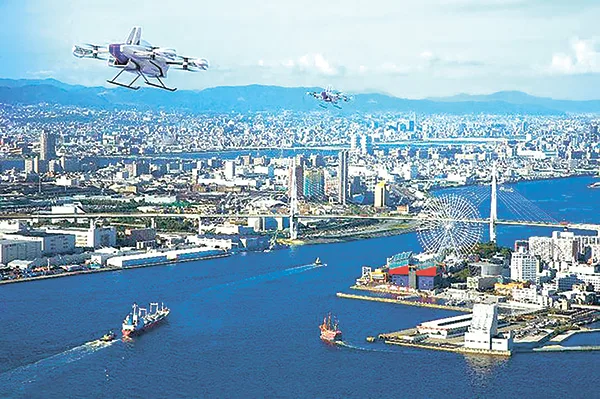 大阪湾を飛行する「空飛ぶ車」のイメージ（大阪府提供）