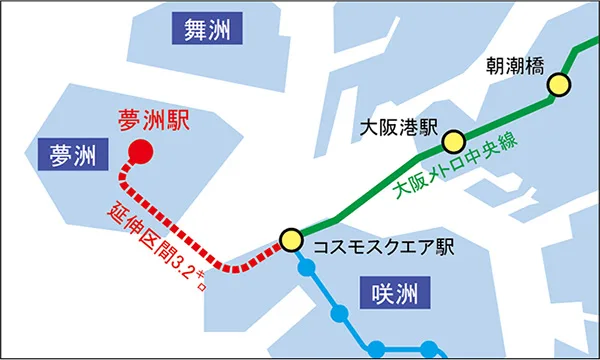 コスモスクエア駅から夢洲駅の延伸MAP