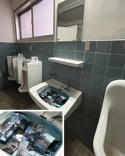 会場奥にある左のお手洗が大阪限定の展示。中にある洗面台に、大阪府の商店街の紳士服店で発見されたとされる“あるもの”がある