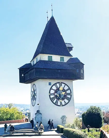 シュロスベルクの時計塔。長い針が「時」、短い針が「分」を示す珍しい仕組みの時計